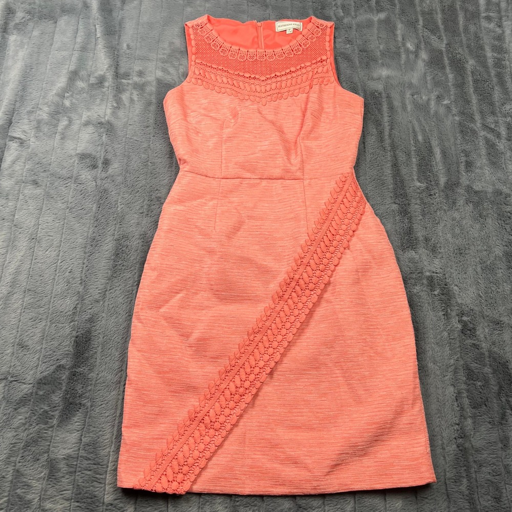 Katherine Kelly Coral Pink Crochet Lace Trim Sleeveless Sheath Dress Size 2